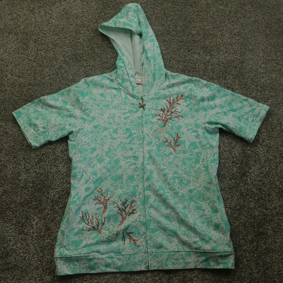Quacker Factory jacket womens M Aqua Sea Rhinestone Short Sleeve Zip Up Hoodie - Picture 1 of 12